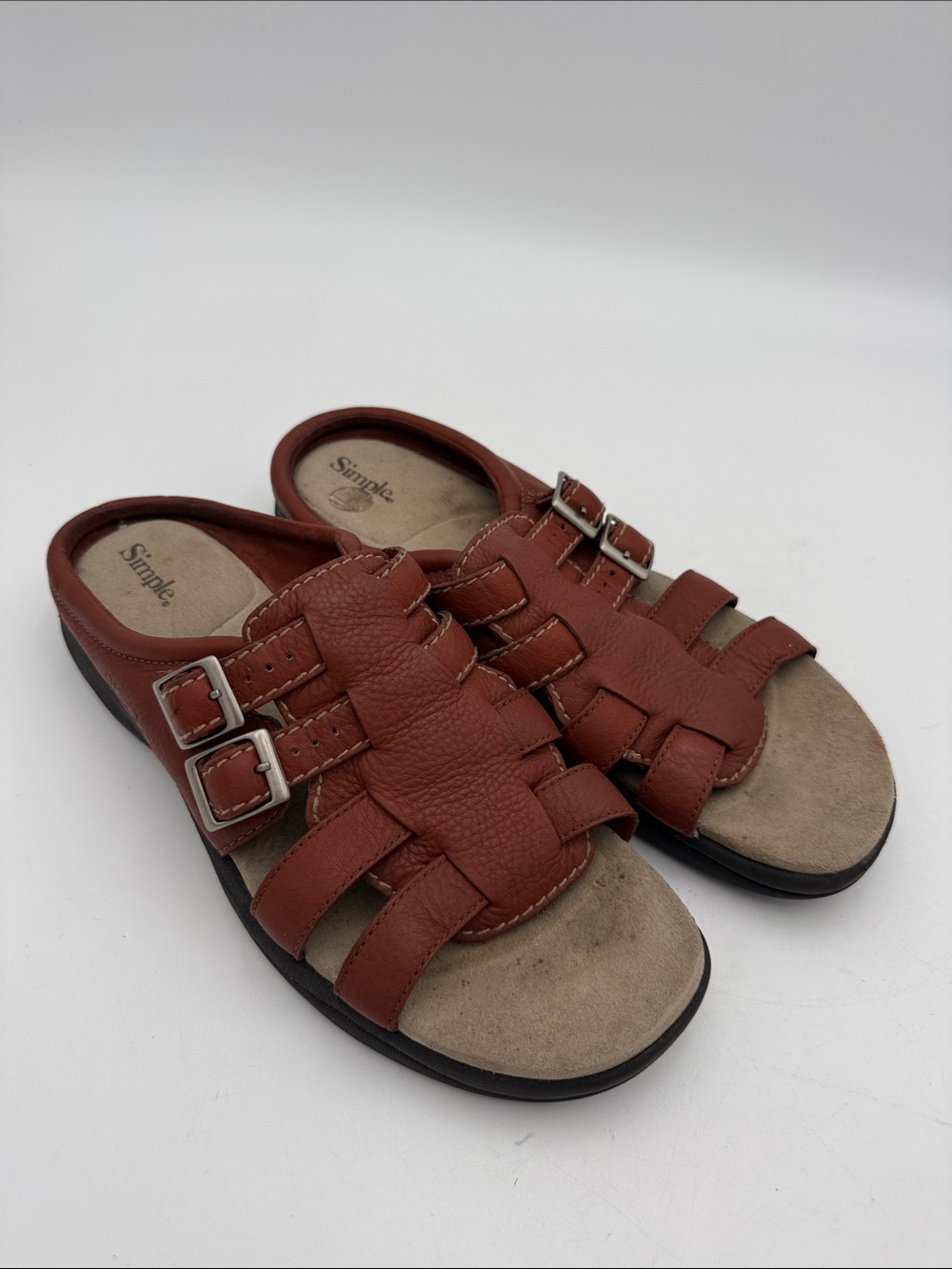 vintage Simple women Rust Brown Leather Buckle Slide Sandals 12